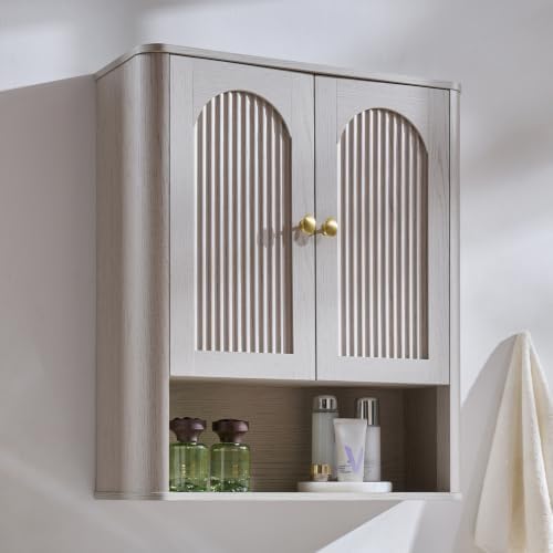 Bathroom Fluted Arched Wall Cabinet, 23.6''W Medicine Cabinet, Light Grey by IFGETEnrichYourLivingSpace