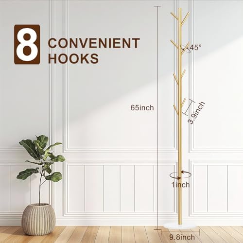 Coat Rack, Metal Freestanding Coat Rack with 8 Hooks, Sturdy Coat Tree with Natural Marble Base for Coats, Hats, Scarves and Handbags for Entryway, Hallway, Bedroom, Office,Dorm (Gold) - Image 2