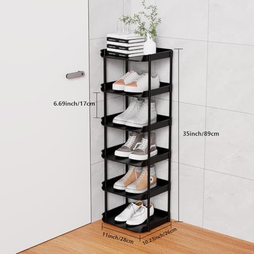 6 Tier Vertical Narrow Shoe Rack, Stackable Tall Skinny Shoerack, Compact Single Shoes Storage Tower for Slim Space, Corner Plastic Shelves, for Hallways, Entryway, Bedrooms Organizer, Black - Image 3