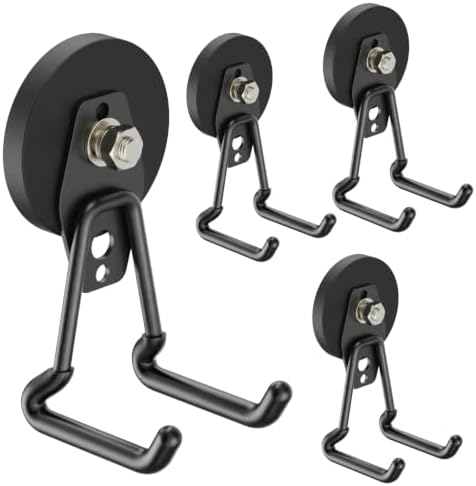 Heavy Duty Magnetic Garage Hooks,4 Pack Strong Large Magnet Hook for Power Drill,Garden Tools,Hose,Pegboard,Garage, Workshop,Magnetic Storage Hooks for Indoor Outdoor Hanging(Black) by SKNOOYLIGHT