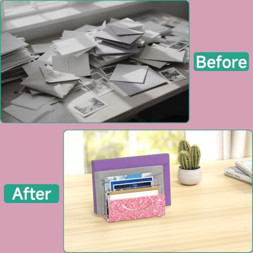 Mail Organizer Envelope Holder - 3 Compartments Glitter Pink Acrylic Mail Holder Countertop Home Office Desk Organizer Small File Sorter Vertical Bill Letter Paper Document Storage Rack - Image 3