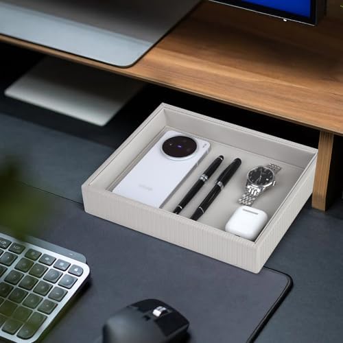 HofferRuffer Faux Leather Vanity Tray, Elegant Desktop Storage Organizer, Decorative Catchall for Perfume, Bathroom Valet, Nightstand or Dresser, 10.2 x 8.4 x 1.8 inches (Grey Stripe) - Image 4