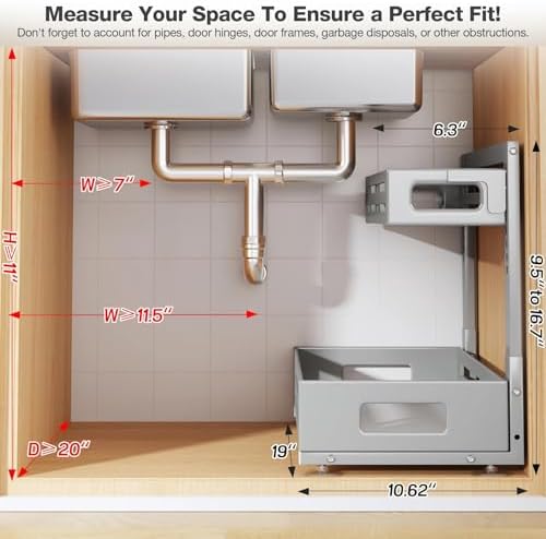 2 Pack 19IN-Depth Under Sink Organizer,Pull Out Cabinet Organizer With Smooth Cylindrical Rail,Metal Slide Out Drawer for Kitchen Bathroom Laundry,8-Level Tool Free Height Adjustable-Gun Gray - Image 2