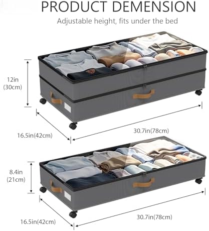 Under Bed Storage with Wheels 2-Pack, 75L XXL Under the Bed Storage Containers Large, 12" Tall Adjustable Storage for Underbed with Lids, Rolling for Clothes, Shoes, Blankets (4PCS-Grey) - Image 2