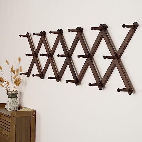 SKOLOO Hat Rack for Wall with 17 Hooks, Solid Wooden, Modern, Expandable Coat Rack Wall Mount for Coats, Hats, Bags, Baseball Caps, Walnut Color - Image 4