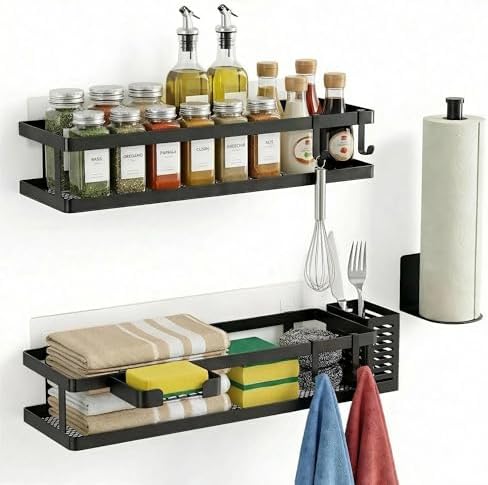 PUSDON 5-in-1 16.5" Extra Long Kitchen Organizer & Shower Caddy Set, Wall Mount Spice Rack with Paper Towel Holder, Utensil Holder & Soap Dish, Rustproof Mesh - Matte Black, Guardrail by PUSDON