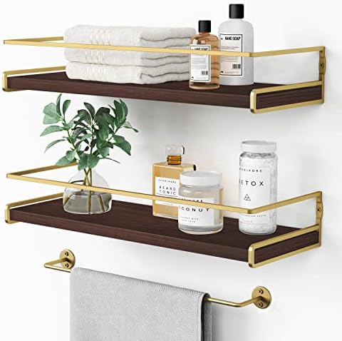 Floating Shelves Bathroom Shelves Over Toilet Set of 2, Bathroom Wall Shelves with Towel Bar, Wall Mounted Vanity Shelf for Bedroom, Kids Room, Kitchen (Brown & Gold) by Forbena