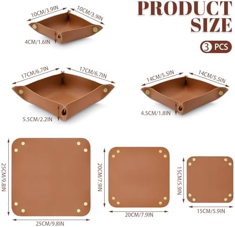 3 Pack Leather Valet Tray, 3 Sizes Catchall Tray Desk Organizer for Key Jewelry Trinket Watch Perfume Coin, for Entryway Table Nightstand Dresser Vanity Travel, Brown - Image 2