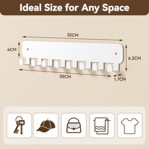 pickpiff Key Holder Wall Mount, Adhesive Key Rack with 8 Hooks Hanger for Car Key Ring, Metal Key Chain Organizer, White 1 Pack - Image 7