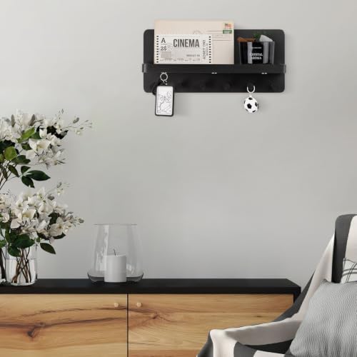 Nekon Key Holder for Wall with Shelf, Pine Wooden Key Hanger, Black - Image 5