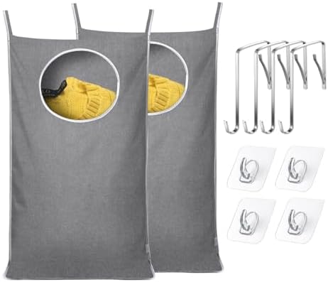 KEEPJOY 2Pack Space-Saving Hanging Laundry Bag, Door Laundry Hamper with 2 Different Types of Hooks, 30x20 Inch Oxford Fabric Laundry Storage Bag for Dirty Clothes (Grey-2Pack) by KEEPJOY