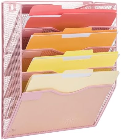 EASEPRES 5 Pocket Mesh Hanging Wall File Organizer, Wall Mounted Mail Paper Document Folder Holder, Clipboard Storage Organization Magazine Rack with Nametag Label for Office Home School, Pink by EASEPRES