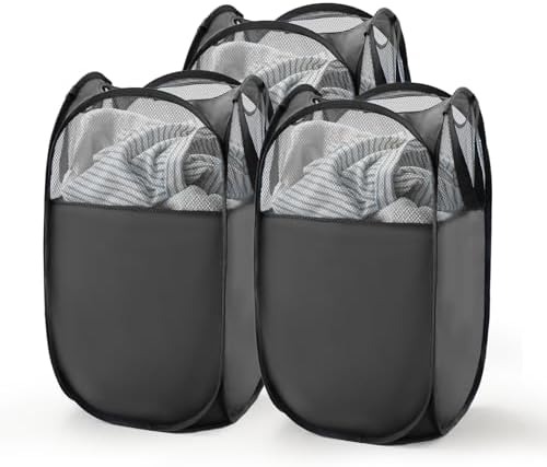 TECHMILLY Pop Up Foldable Laundry Basket, Mesh Laundry Hamper with Reinforced Handles for Dirty Clothes Storage in Dorm, Laundry Room, Bathroom, Black(Fabric), 3 Pack by TECHMILLY