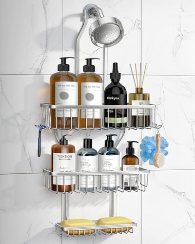 Shower Caddy Hanging - Never Rust Shower Hanging Organizer - Aluminum Over the ShowerHead Caddy with Soap Basket and 6 Hooks for Razor/Sponge (Shiny Silver) by MSAICOE