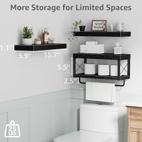 QEEIG Bathroom Shelves Over Toilet - Floating Shelf for Wall Toilet Paper Storage Farmhouse 16 inch Set of 3, Black (029-40B3) - Image 3