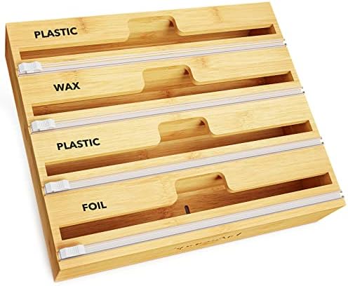 SpaceAid WrapNeat 4 in 1 Wrap Organizer with Cutter and Labels, Plastic Wrap, Aluminum Foil and Wax Bamboo Dispenser for Kitchen Storage Organization Holder for 12" Roll (Natural, 4-Slot) by SpaceAid