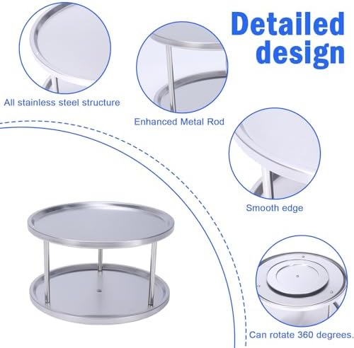 Lazy Susan 2-Tier Stainless Steel Turntable Organizer for Medicine, Vitamin and Pill Bottle Organizer 360° Rotating Tray Storage Rack for Bathroom, Kitchen, Pantry Cabinets and Countertops - Image 3
