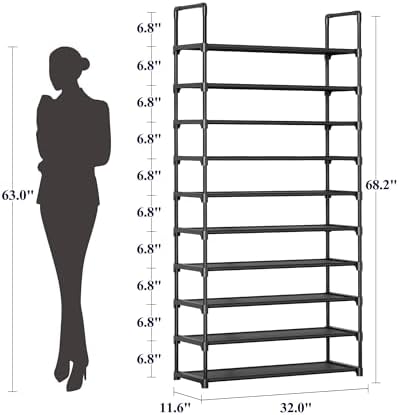 Kitsure Shoe Rack - 10-Tier Shoe Organizer with Detachable Fabric Shelves & Metal Frame, Tall Shoe Rack for Closet, Entrance, Living Room, 32.0" Wide - 10 Tier, Black - Image 2