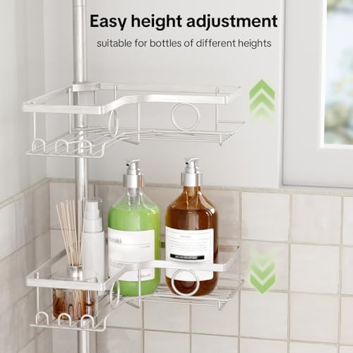 Corner Shower Caddy Tension Pole, 4 Tier Rustproof Shower Tension Rod Organizer with Soap Holder & Hooks, Adjustable 30-121 Inch Bathroom Shelf for Renters - Family Stand Storage Rack, Silver - Image 5