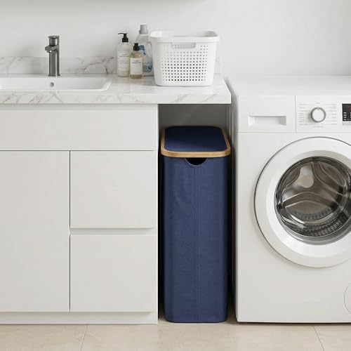 Slim Laundry Basket,60L Laundry Hamper with Lid, Tall Hamper for Laundry,Dirty Cloth Hamper with Bamboo Handle for Toys,Towels, Clothes Organizing, Navy Blue - Image 5