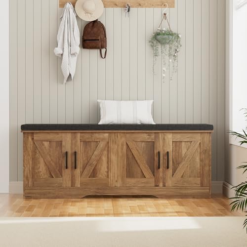 HOMSHO Farmhouse Shoe Storage Bench with 4 Barn Doors & Padded Seat Cushion - Image 6