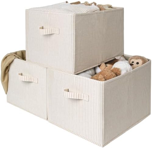 StorageWorks Shelf Organizer Bins, Beige Stripes, Extra Large, 3-Pack by StorageWorks