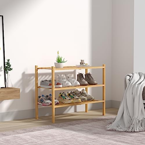 ROMGUAR CRAFT 3 Tier Bamboo Shoe Rack for Closet Free Standing Wood Shoe Shelf Storage Organizer for Entryway Small Space Stackable 27"x11"x20" (Natural) (Pack of 2) - Image 7