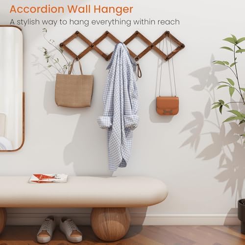 Homode Vintage Wood Expandable Peg Rack- Multi-Purpose Accordion Wall Hangers with 13 Hooks for Hats, Coat, Mugs, Scarf, Jewelry Storage - Image 2