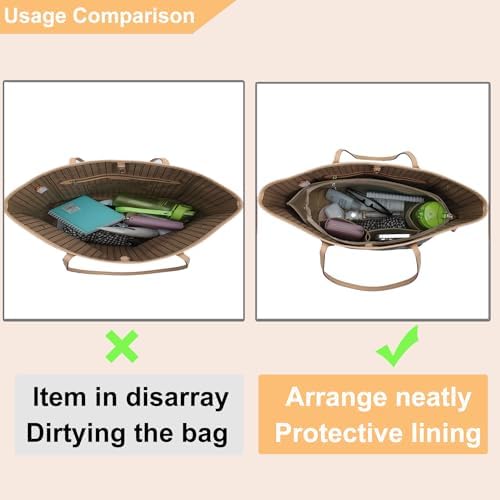 Doxo Purse Organizer Insert for Handbags, Felt Neverfull MM Organizer Insert with Cover, Tote Bag Organizer with Zipper Pocket and Bottle Holder, Fit Neverfull MM and More, Beige-L - Image 4