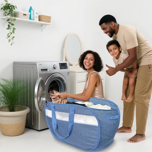 100L Mesh Pop Up Laundry Hampers with Handles, Extra Large Collapsible Laundry Baskets 2 Pack, Portable Travel Laundry Basket, Dirty Clothes Hamper Light Breathable, Bule. 2H - Image 2