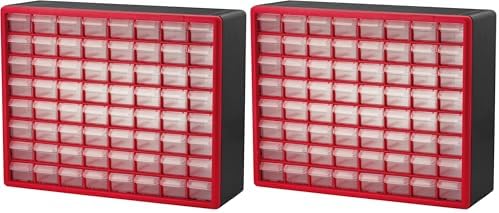 Akro-Mils 64-Drawer Plastic Drawer Storage Cabinet for Garage Organization, Bead Organizer, Building Bricks Storage, Teacher Toolbox, Makeup Organizer, 20-Inch W x 6-Inch D x 16-Inch H, 10164 Red by Akro-Mils