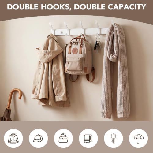 Wall Mount Coat Rack 2 Pack, White Coat Hooks Hanger with 5 Double Hooks - Image 4