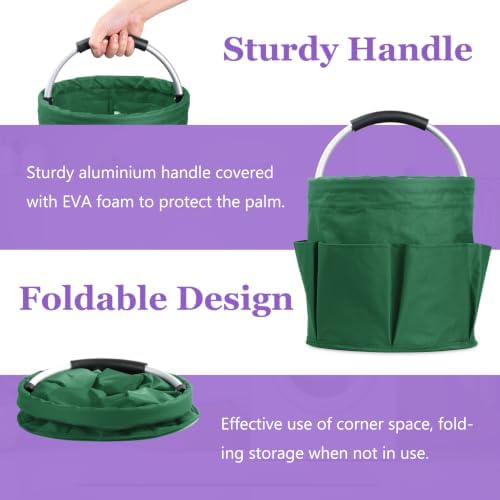 17L Cleaning Caddy with Handle, 600D Oxford Cleaning Supply Caddy with 6 Pockets, Foldable Tool Bucket Organizer for Housekeeping, Gardening, Car Detailing, Traveling, Camping, Green - Image 3