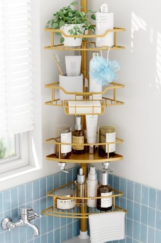 Corner Shower Caddy Tension Pole, 4 Tier Rustproof Shower Tension Rod Organizer, Adjustable 25-125 Inch Bathroom Shower Organizer Shelves for Bathtub Shampoo Storage, Gold by Dimyno