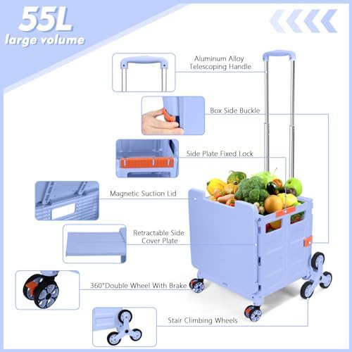 Foldable Utility Cart Folding Portable Rolling Crate with Magnetic Extended Lid,360°Rotate Wheels,176LBS Load Capacity,Heavy Duty Durable Dolly Cart(Blue) - Image 4