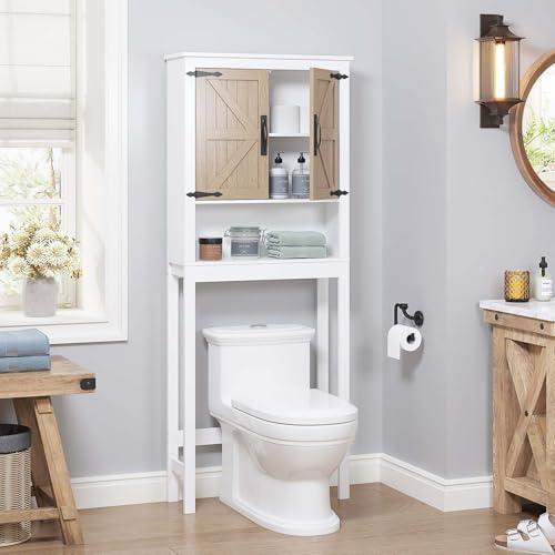 Spirich Over the Toilet Storage Cabinet with Wood-Grain Barn Doors, White - Image 3