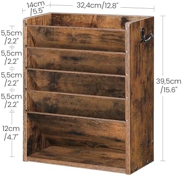 CHOEZON Wall File Organizer, 6-Tier Vertical Mount Hanging Holder with 2 Side Hooks, Vintage Wooden Magazine Storage Crate with Bottom Flat Tray, Desk Organizer, for Office, Home, Rustic Brown MWJ01FG - Image 5
