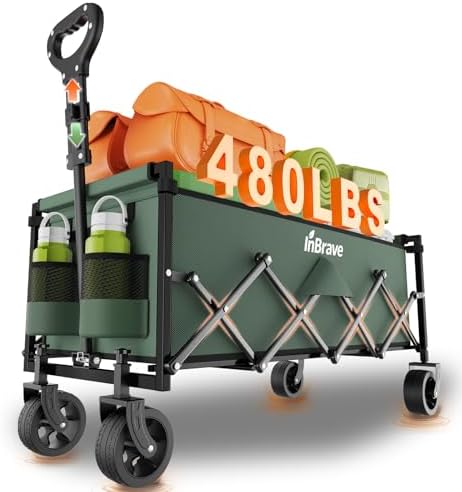34" Extra Long Collapsible Wagon Cart, 480LBS Capacity, Army Green by InBrave