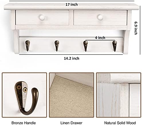 Emfogo Coat Hooks Wall Mounted, Rustic Wood Coat Rack Wall Mount Shelf with Hooks, Farmhouse Wall Coat Rack with Shelf & Coat Hook for Entryway, Mudroom, Bedroom, Kitchen, Bathroom (White) - Image 6