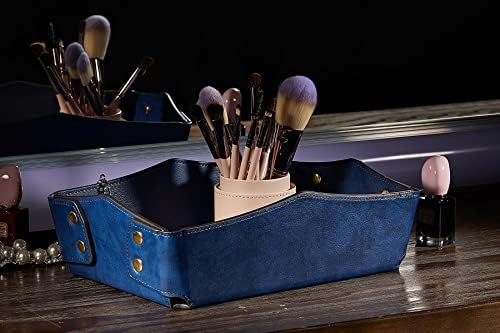 Leather Bedside Storage Tray - Jewelry Organizer for Girl's Key, Wallet, Coin Box - Travel PU Valet Tray (Dark Blue) - Image 7
