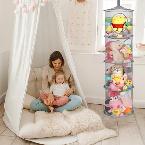 Hanging Stuffed Animal Storage Hammock Net 4 Tiers, Grey - Image 2