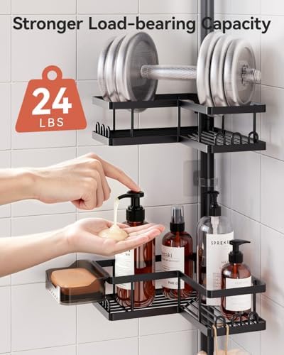 YASONIC Corner Shower Caddy Tension Pole, 25.7-109.1in Adjustable Shower Shelves, Rust-Resistant Shower Organizer, No-Drill 3-Step Installation, Bathroom Shelves for Renters & Family, Black - Image 6