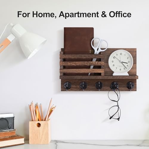 Lwenki Key Holder for Wall – Decorative Wooden Mail Holder and Key Shelf with Mounting Hardware, Installation Guide – Paulownia Wood with Metal Key Hooks (Brown, Large - 11.8inch) - Image 5