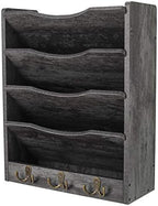 PAG-Mass 5-Tier Wall File Holder Hanging Mail Organizer Wood Magazine Literature Rack with 6 Hooks, Dark Gray by PAG
