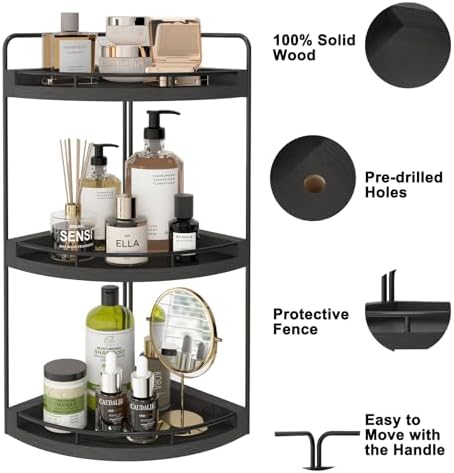 Fixwal 3 Tier Corner Bathroom Countertop Organizer Vanity Wood Shelf Black - Image 4