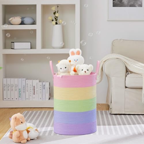 VIPOSCO 72L Tall Woven Rope Laundry Hamper, Leather Handles, Rainbow - Image 2