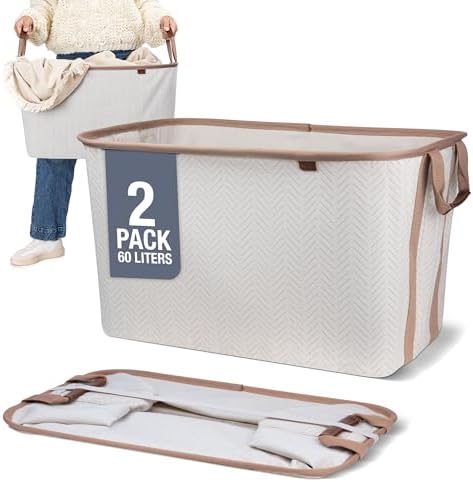 Collapsible Fabric Laundry Basket Premium, Cream Herringbone, 2 Pack by CleverMade
