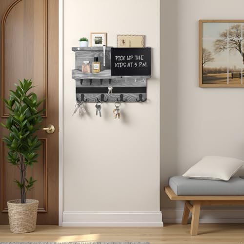 Key Holder Wall Mount with Shelf, Key Hooks for Wall, Washed Gray - Image 5