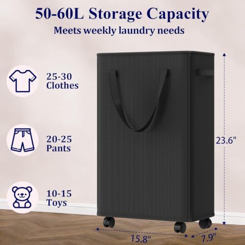 Optish Slim Laundry Basket with Wheels, Black Rolling Hamper for Clothes - Image 4