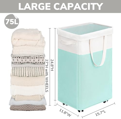 Goodpick Laundry Basket with Wheels, 75L Laundry Hamper with Wheels, Large Laundry Basket with Removable Wash Bag, Clothes Hamper for Laundry, Blue&White - Image 3
